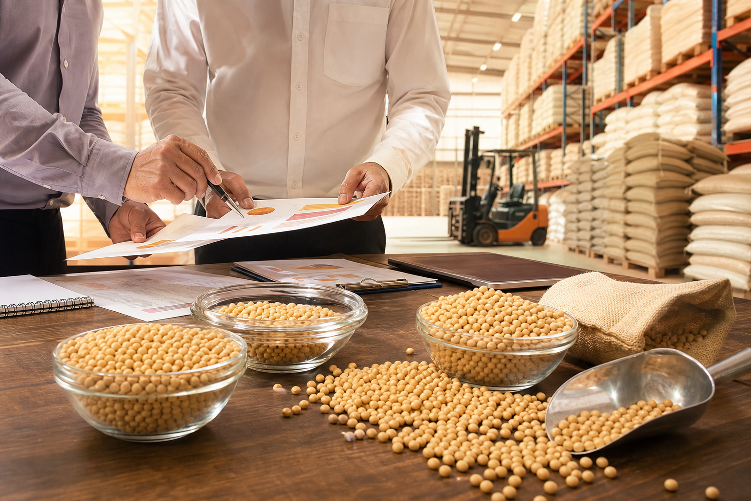 Business team reviewing soybean quality samples and supply documents